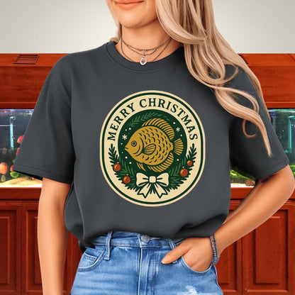 Retro Christmas Discus Wreath Tee – Vintage Holiday Emblem Design-T-Shirt-Fish &amp; Friends Tees