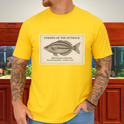 Stripes of the Outback Tee – Banded Rainbowfish Engraving