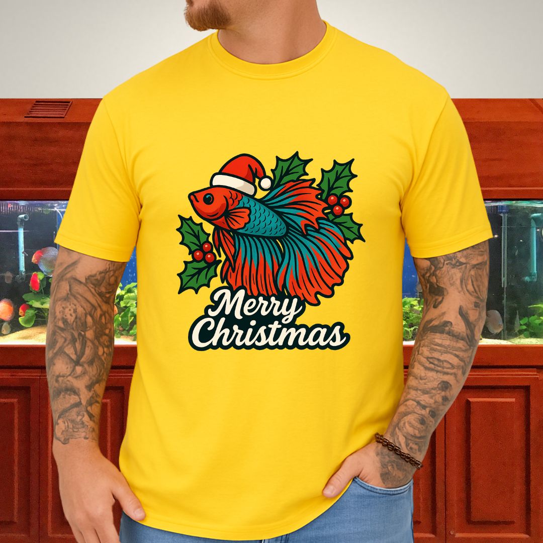 Festive Betta Fish Holiday Tee – Santa Hat & Holly Design-T-Shirt-Fish &amp; Friends Tees