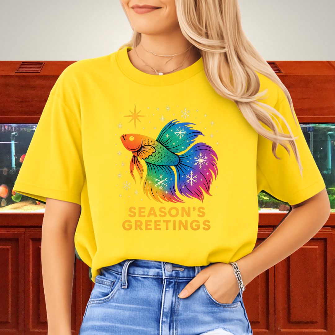 Rainbow Holiday Betta Fish Tee – Festive Star & Snowflake Design-T-Shirt-Fish &amp; Friends Tees