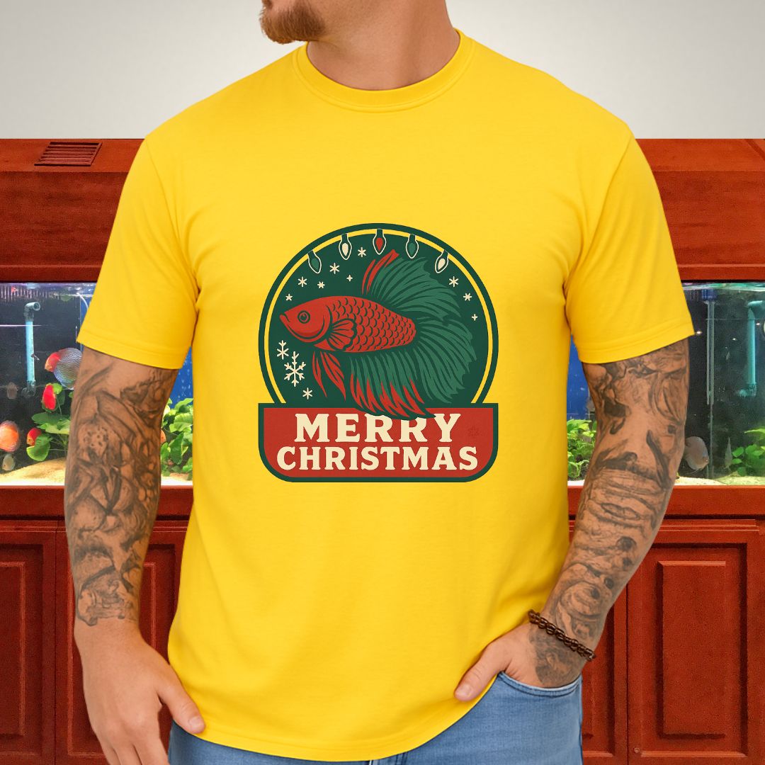 Retro Holiday Betta Fish Emblem Tee – Christmas Lights & Snowflakes-T-Shirt-Fish &amp; Friends Tees