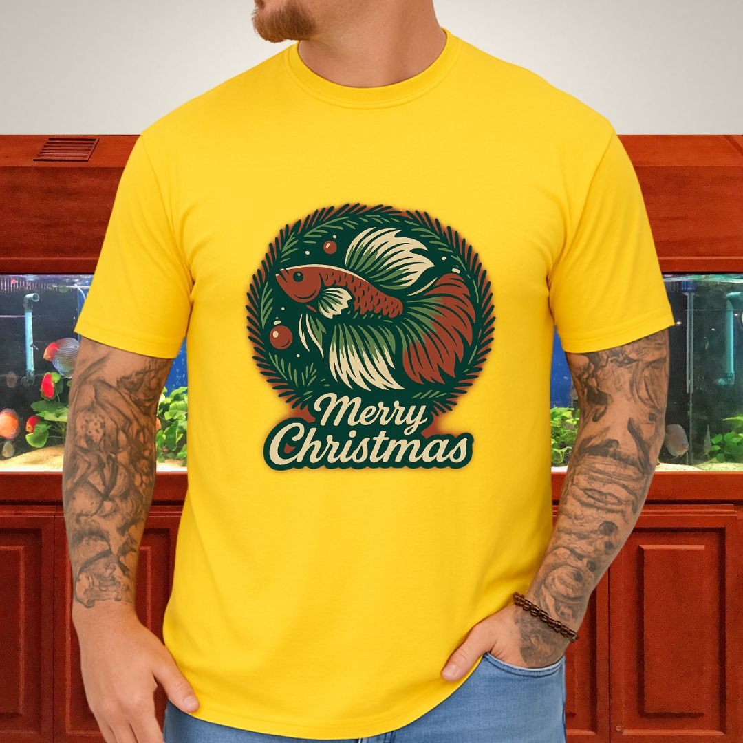 Retro Christmas Betta Fish Tee – Holiday Wreath Postcard Design-T-Shirt-Fish &amp; Friends Tees