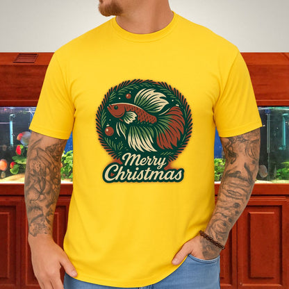 Retro Christmas Betta Fish Tee – Holiday Wreath Postcard Design-T-Shirt-Fish &amp; Friends Tees