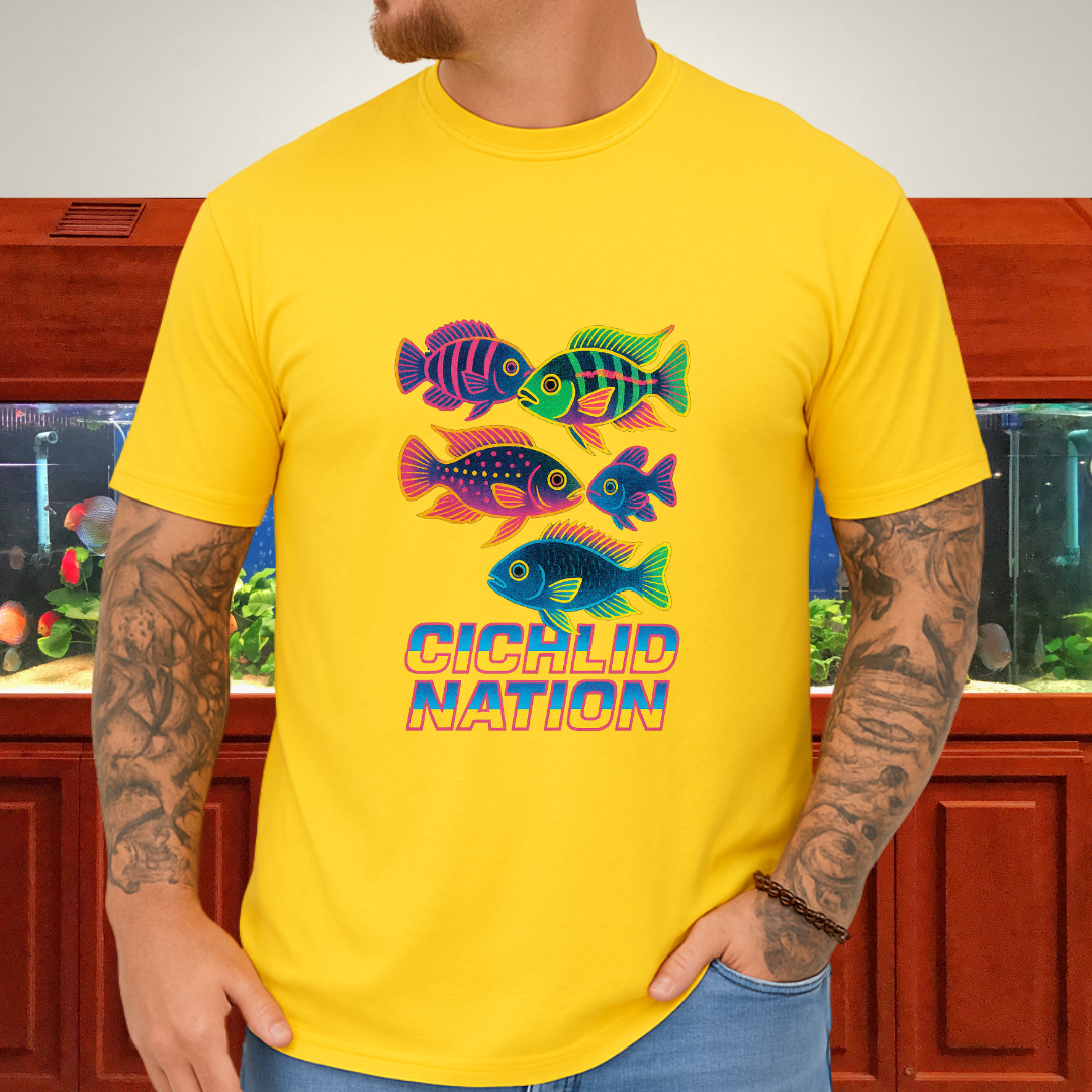 Cichlid Nation Tee – Neon 90s Arcade Aquarium Design