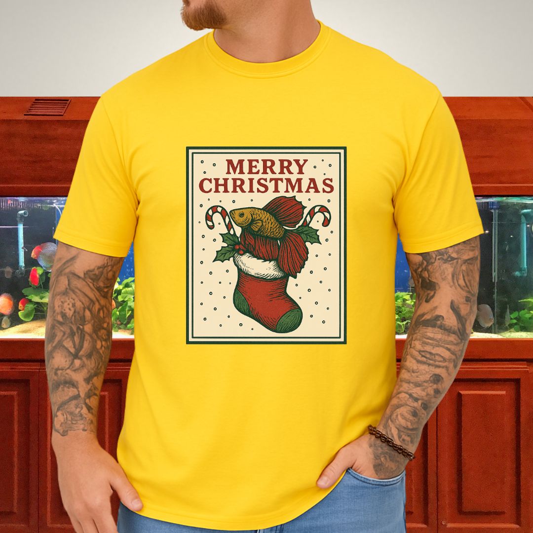 Christmas Stocking Betta Fish Tee – Hand-Sketched Holiday Card Design-T-Shirt-Fish &amp; Friends Tees