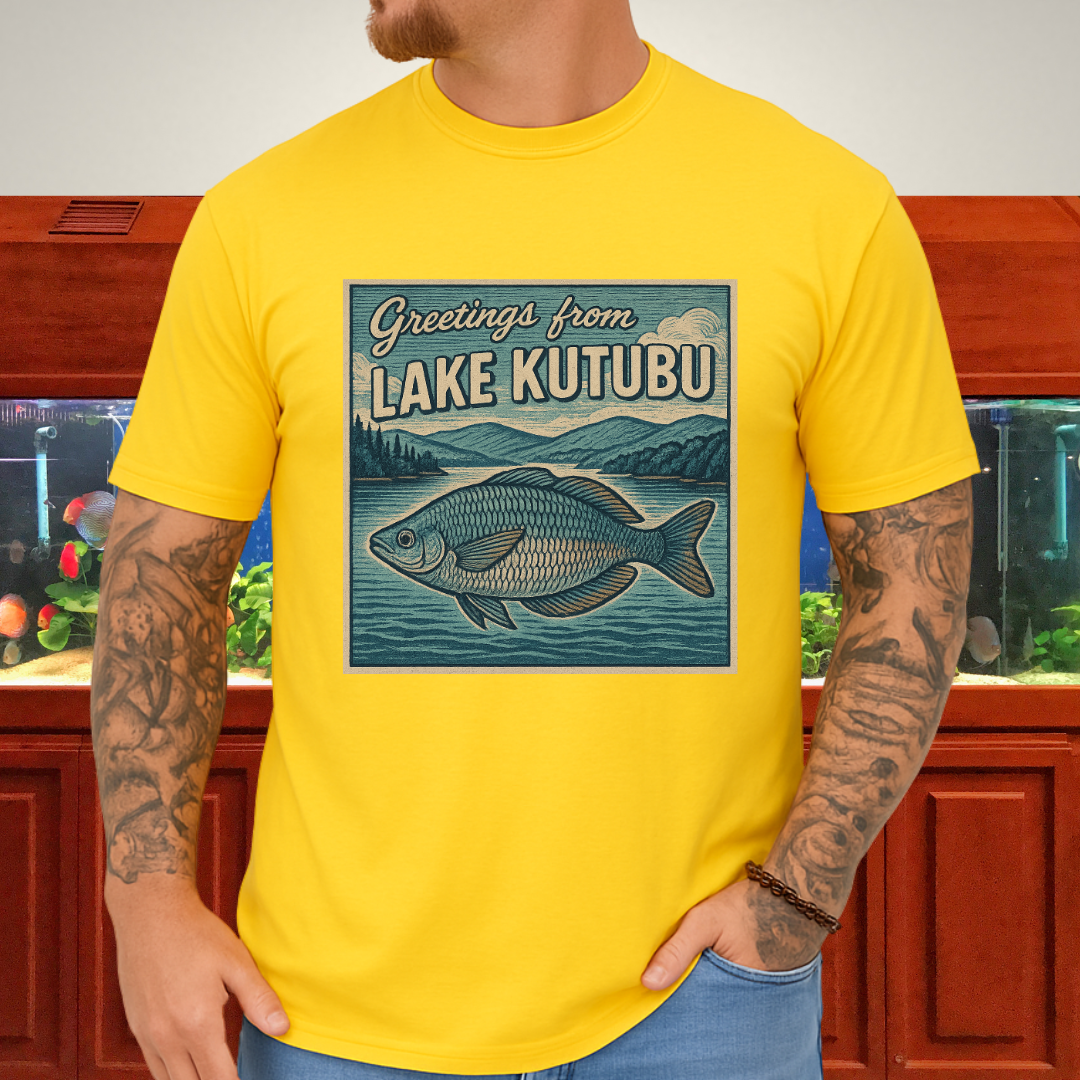 Greetings from Lake Kutubu Tee – Rainbowfish Woodcut Art