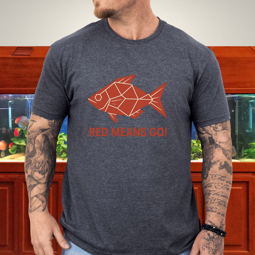 Red Rainbowfish Tee – Geometric “Red Means Go!” Design