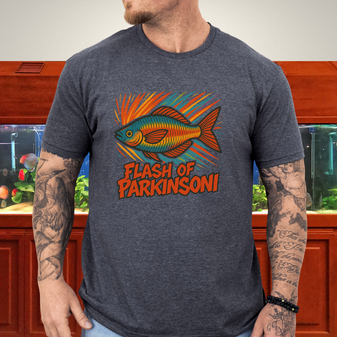 Flash of Parkinsoni T-Shirt – Rainbowfish Explosion Graffiti Design for Tropical Aquarium Fans