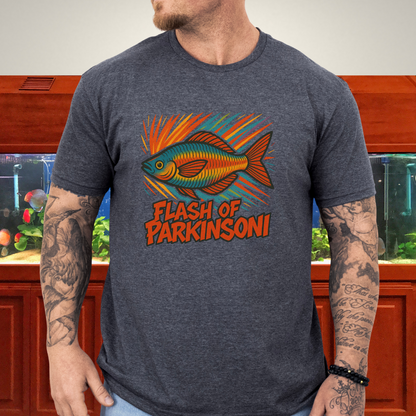 Flash of Parkinsoni T-Shirt – Rainbowfish Explosion Graffiti Design for Tropical Aquarium Fans