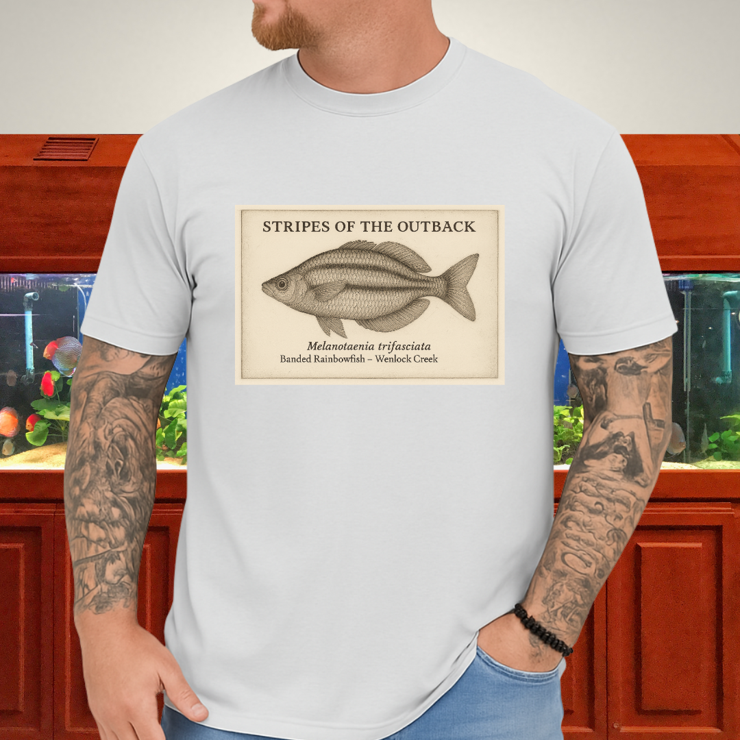 Stripes of the Outback Tee – Banded Rainbowfish Engraving