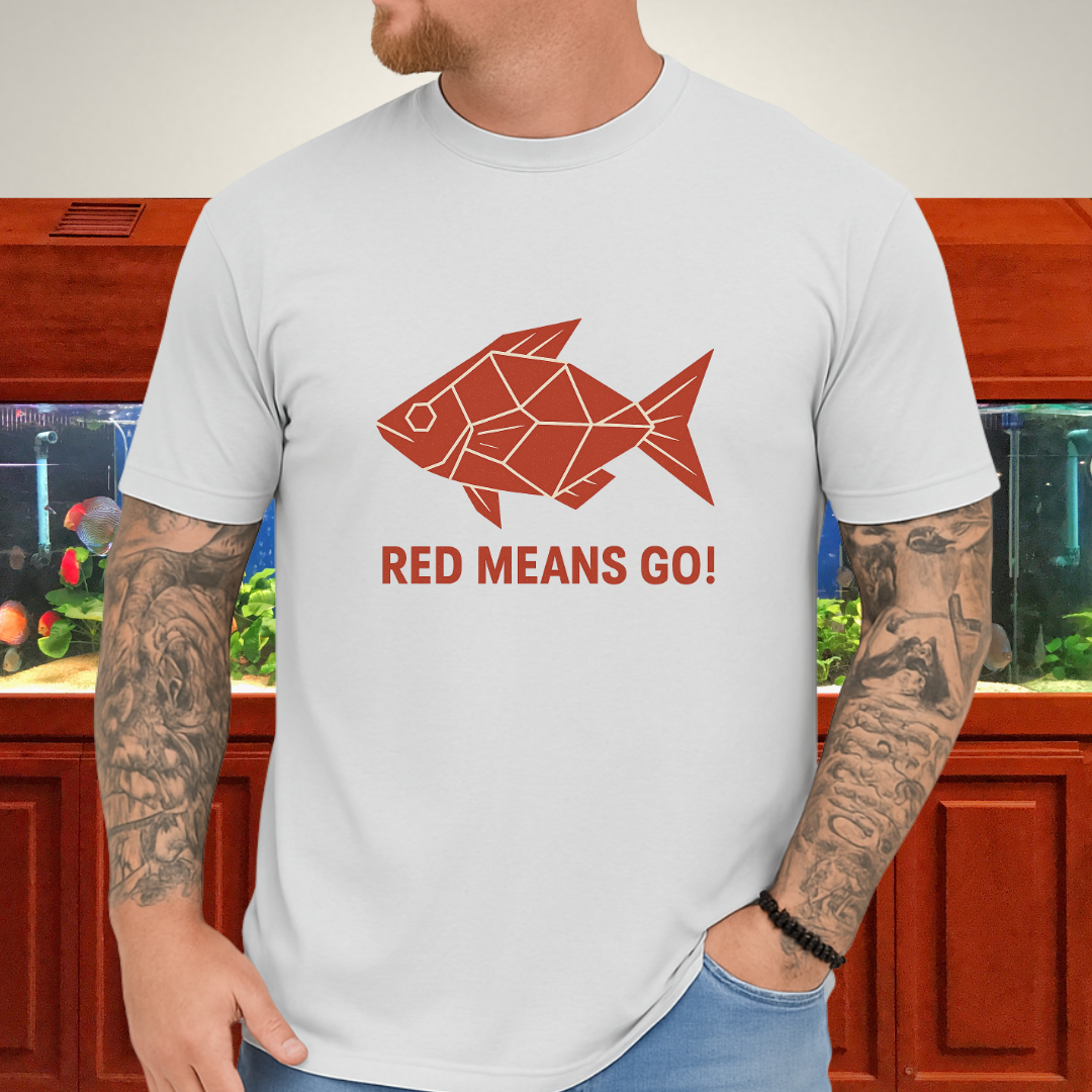 Red Rainbowfish Tee – Geometric “Red Means Go!” Design