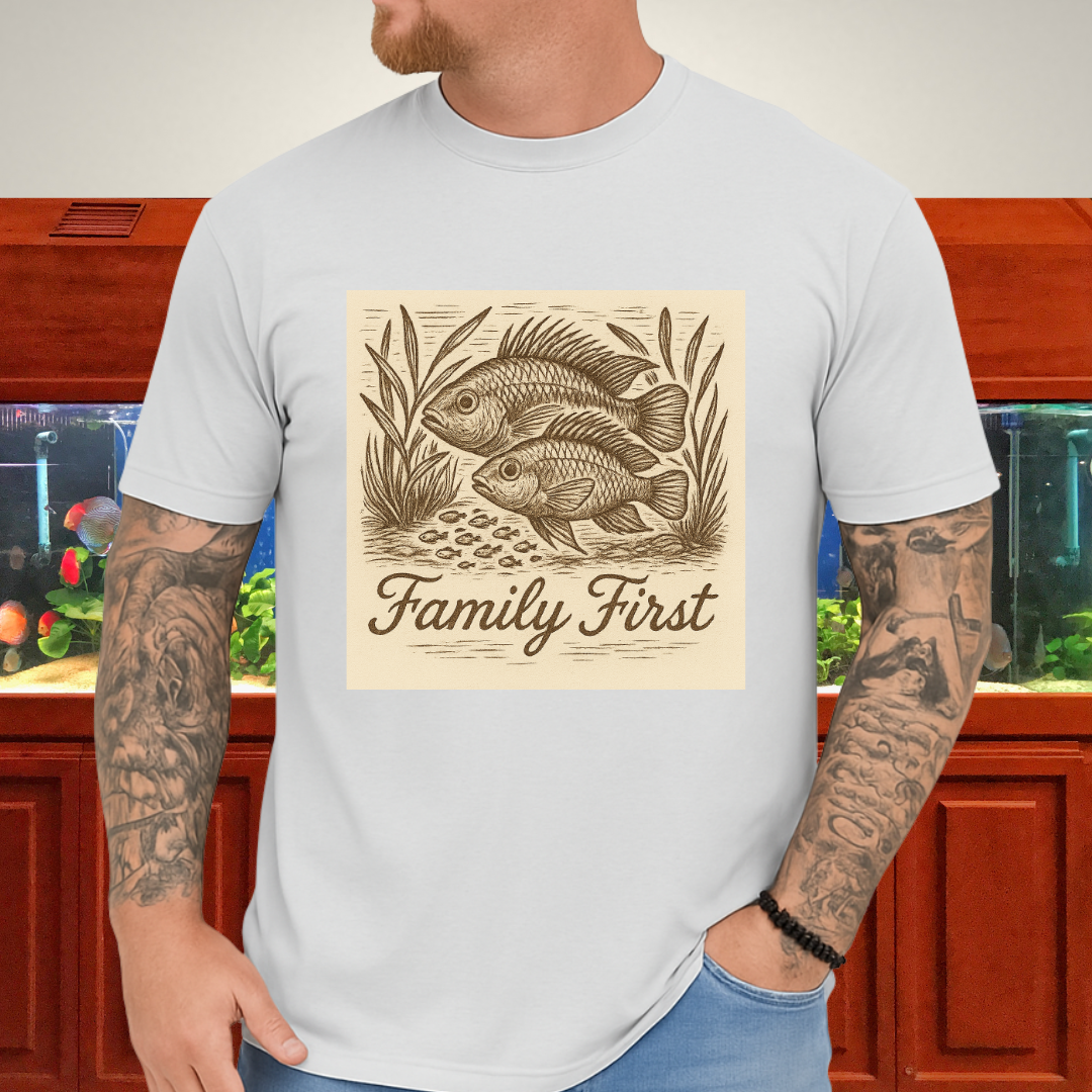 Family First Tee – Apistogramma Pair with Fry Nature Woodcut