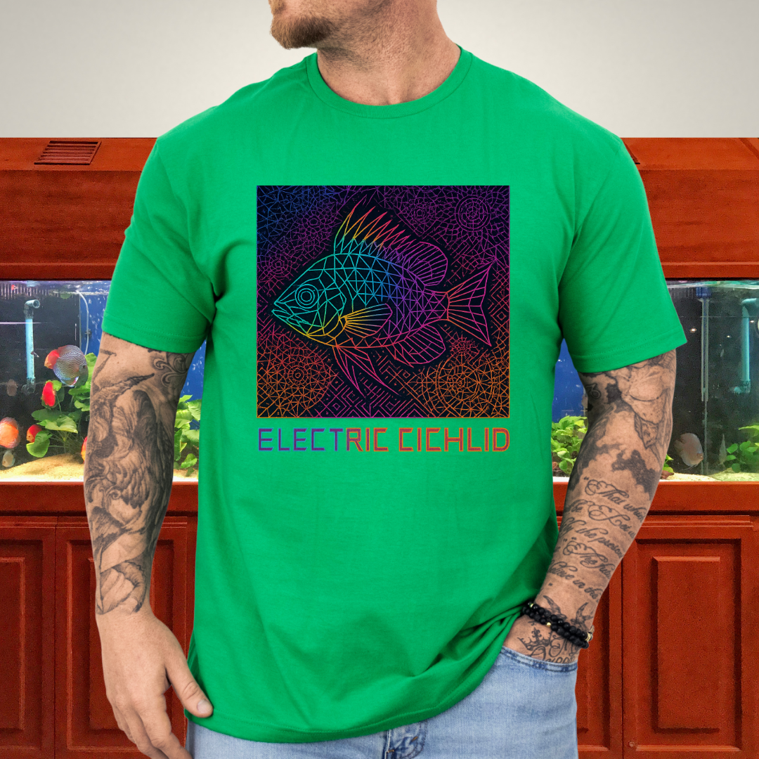 Electric Cichlid Tee – Neon German Blue Ram Geometric Design