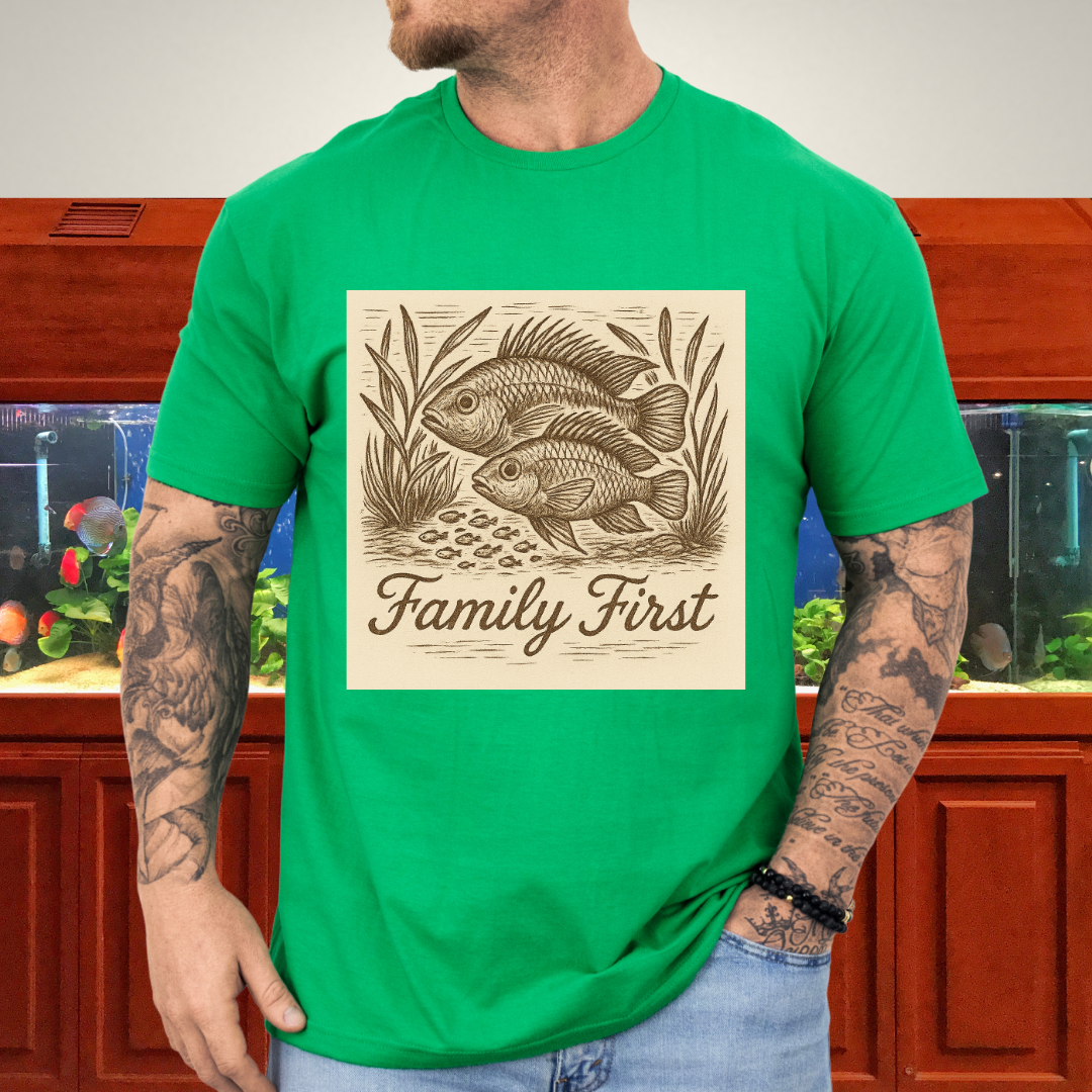 Family First Tee – Apistogramma Pair with Fry Nature Woodcut