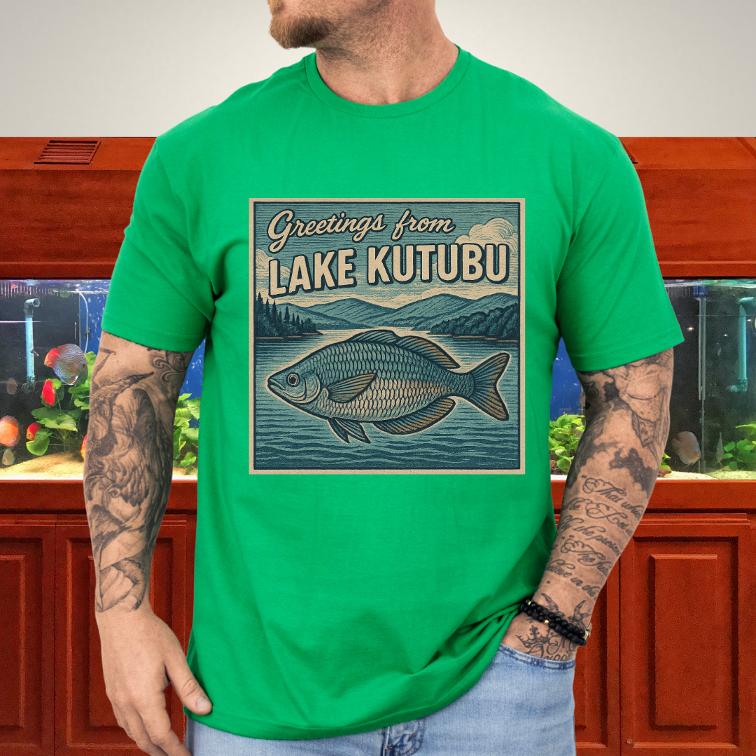 Greetings from Lake Kutubu Tee – Rainbowfish Woodcut Art
