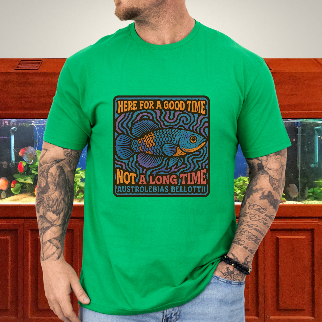 Here for a Good Time Tee – Psychedelic Bellottii Killifish