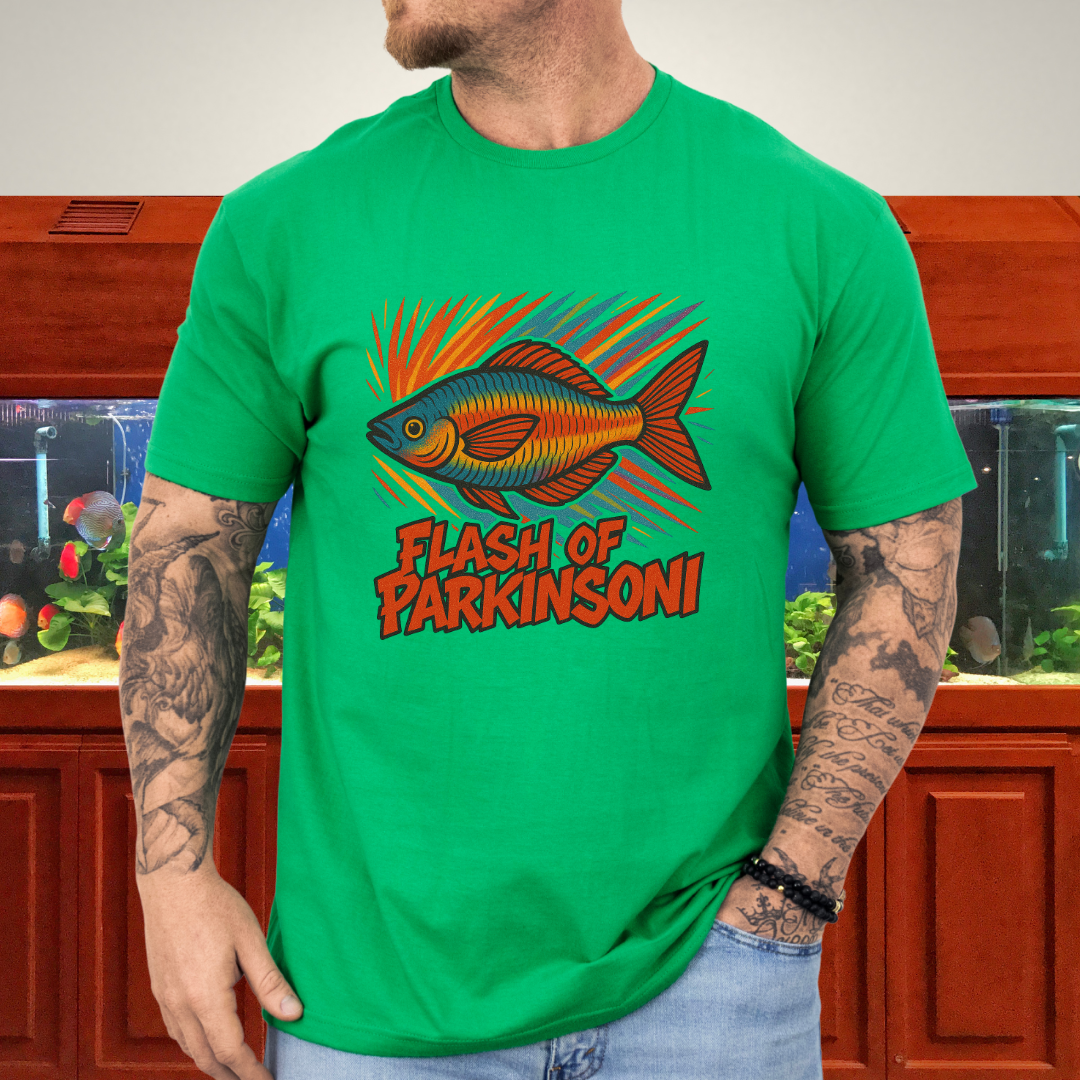 Flash of Parkinsoni T-Shirt – Rainbowfish Explosion Graffiti Design for Tropical Aquarium Fans