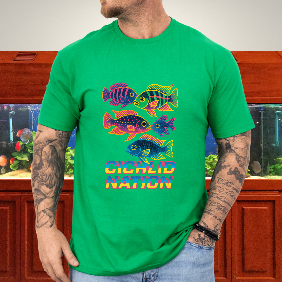 Cichlid Nation Tee – Neon 90s Arcade Aquarium Design