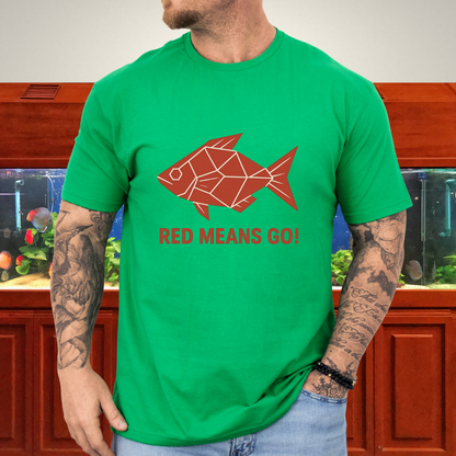 Red Rainbowfish Tee – Geometric “Red Means Go!” Design