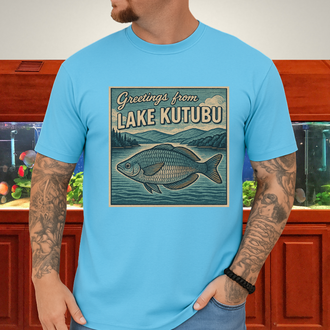 Greetings from Lake Kutubu Tee – Rainbowfish Woodcut Art