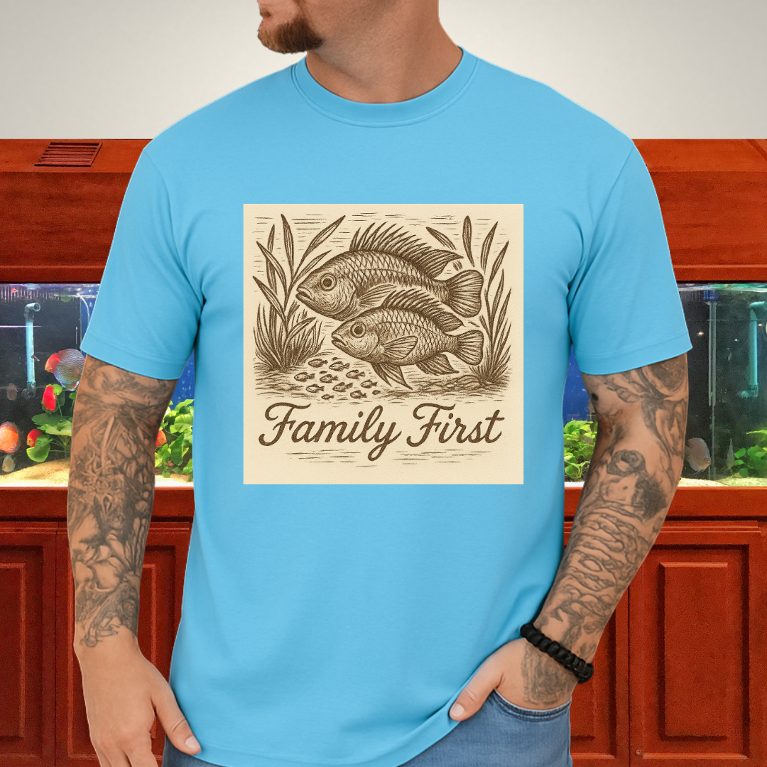 Family First Tee – Apistogramma Pair with Fry Nature Woodcut