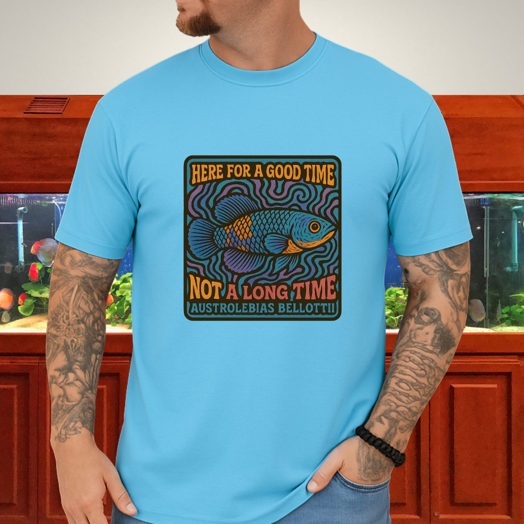 Here for a Good Time Tee – Psychedelic Bellottii Killifish