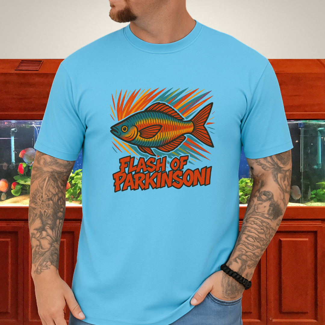 Flash of Parkinsoni T-Shirt – Rainbowfish Explosion Graffiti Design for Tropical Aquarium Fans