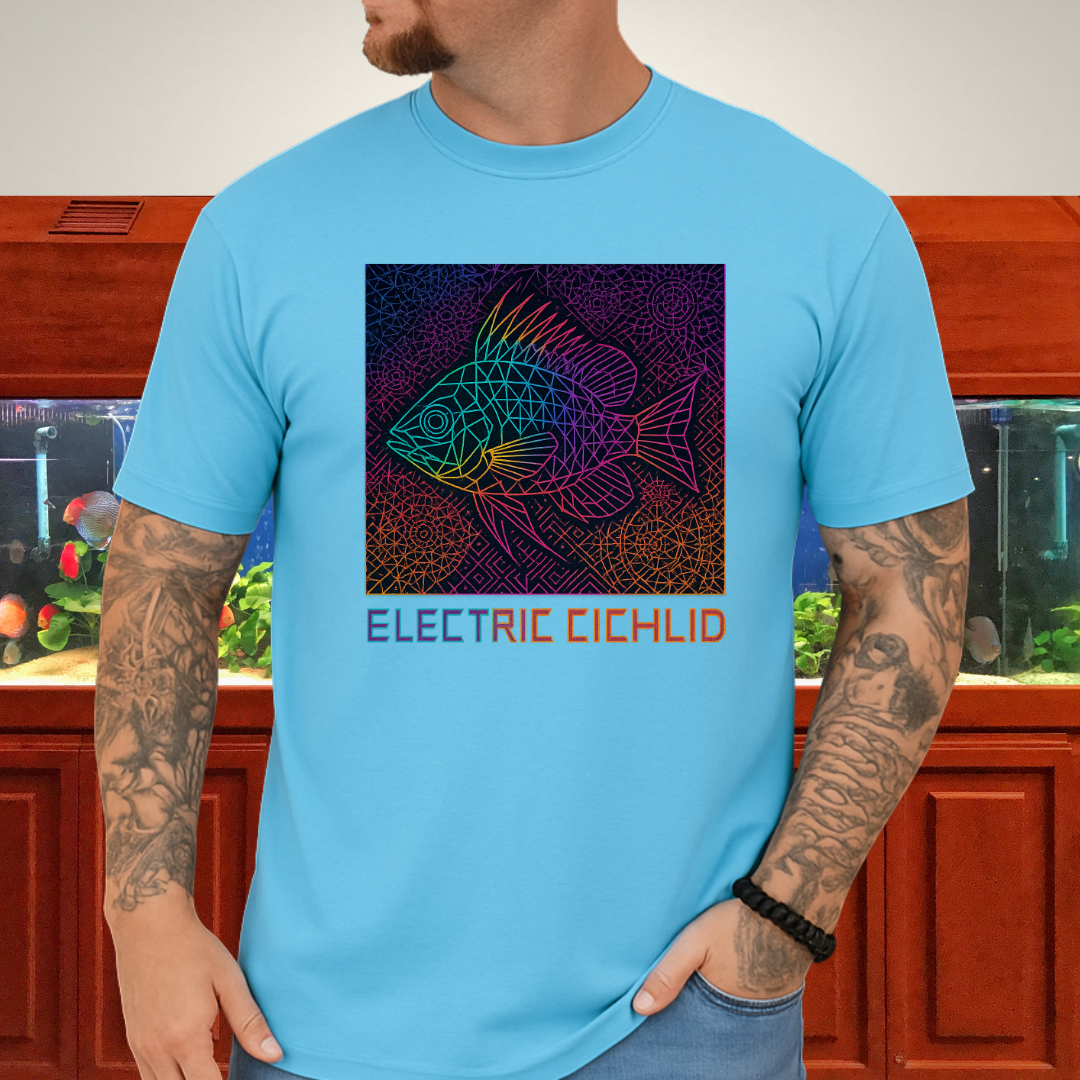 Electric Cichlid Tee – Neon German Blue Ram Geometric Design