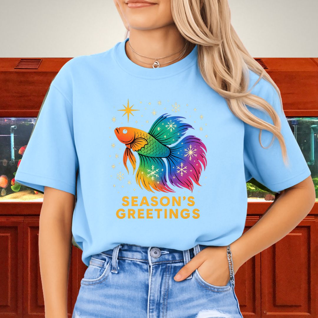 Rainbow Holiday Betta Fish Tee – Festive Star & Snowflake Design-T-Shirt-Fish &amp; Friends Tees