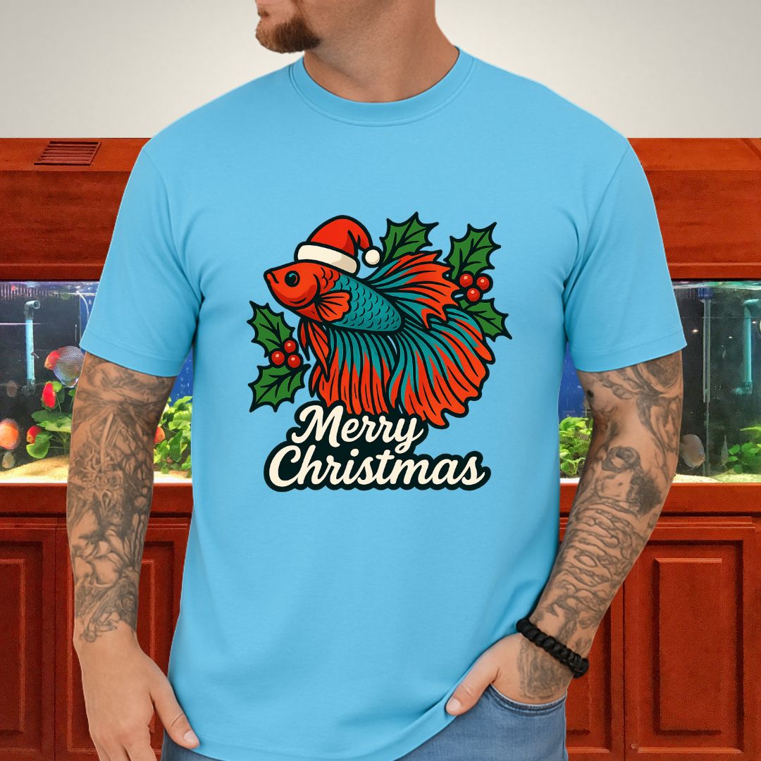 Festive Betta Fish Holiday Tee – Santa Hat & Holly Design-T-Shirt-Fish &amp; Friends Tees