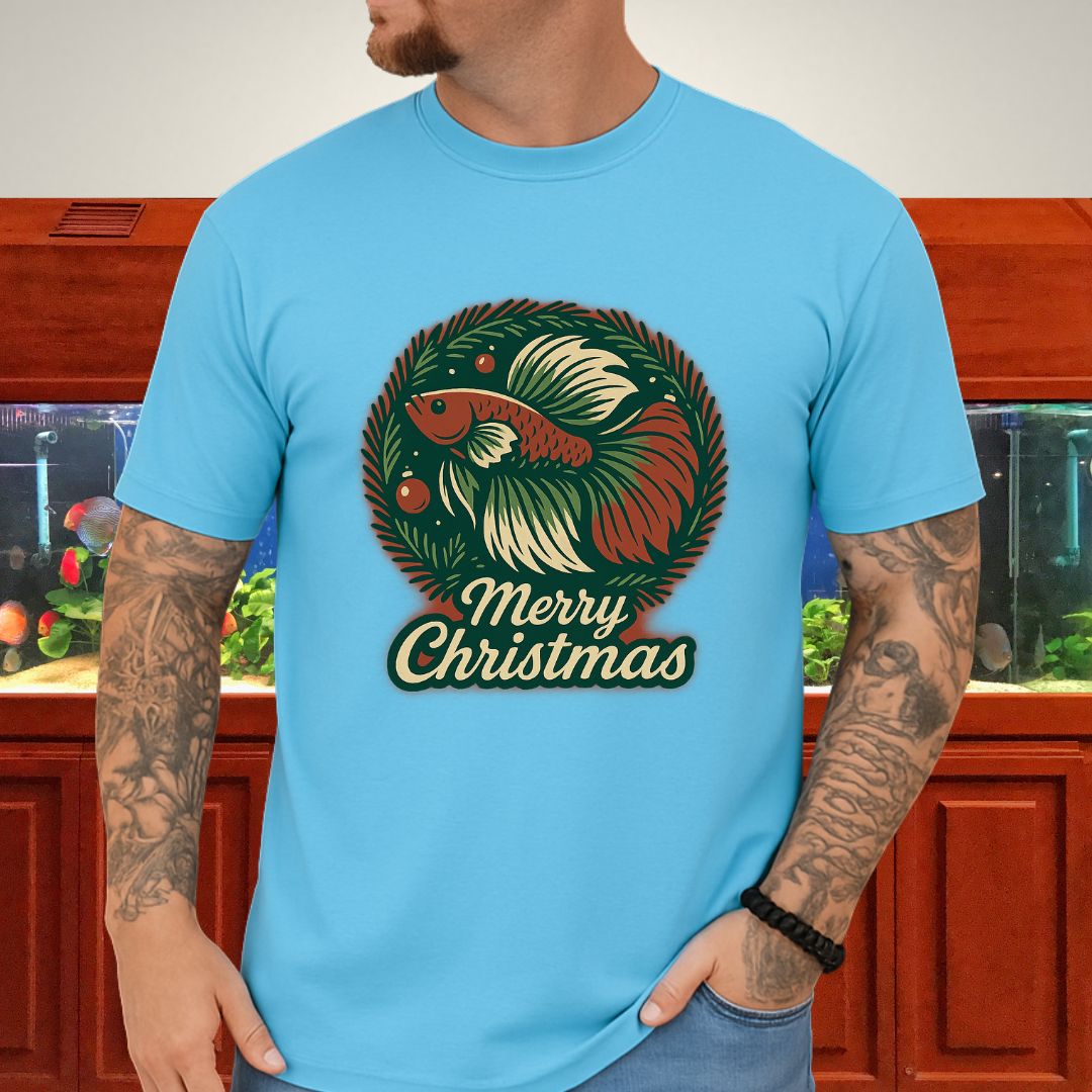 Retro Christmas Betta Fish Tee – Holiday Wreath Postcard Design-T-Shirt-Fish &amp; Friends Tees