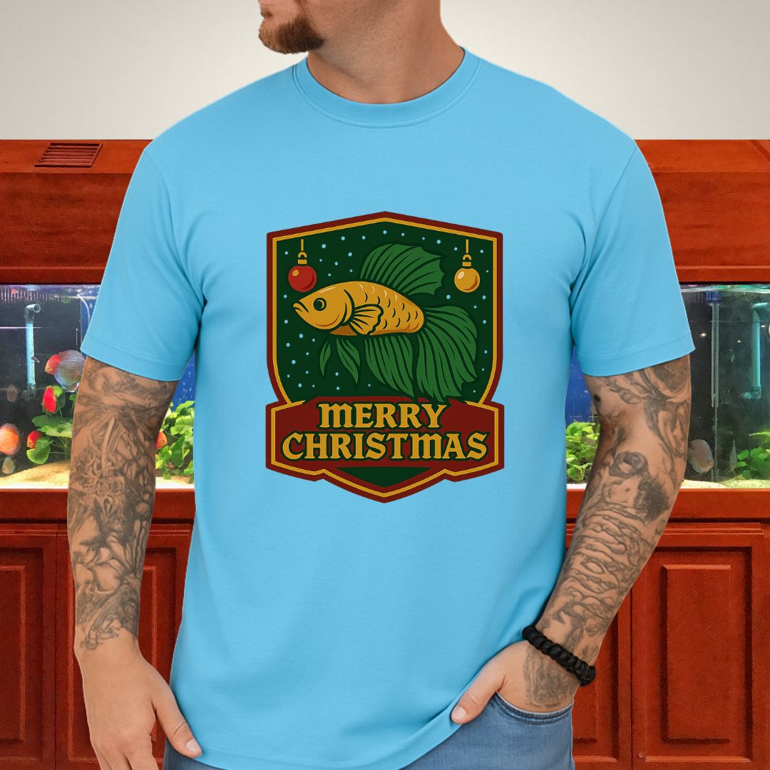 Christmas Betta Shield Tee – Bold Holiday Emblem Design-T-Shirt-Fish &amp; Friends Tees