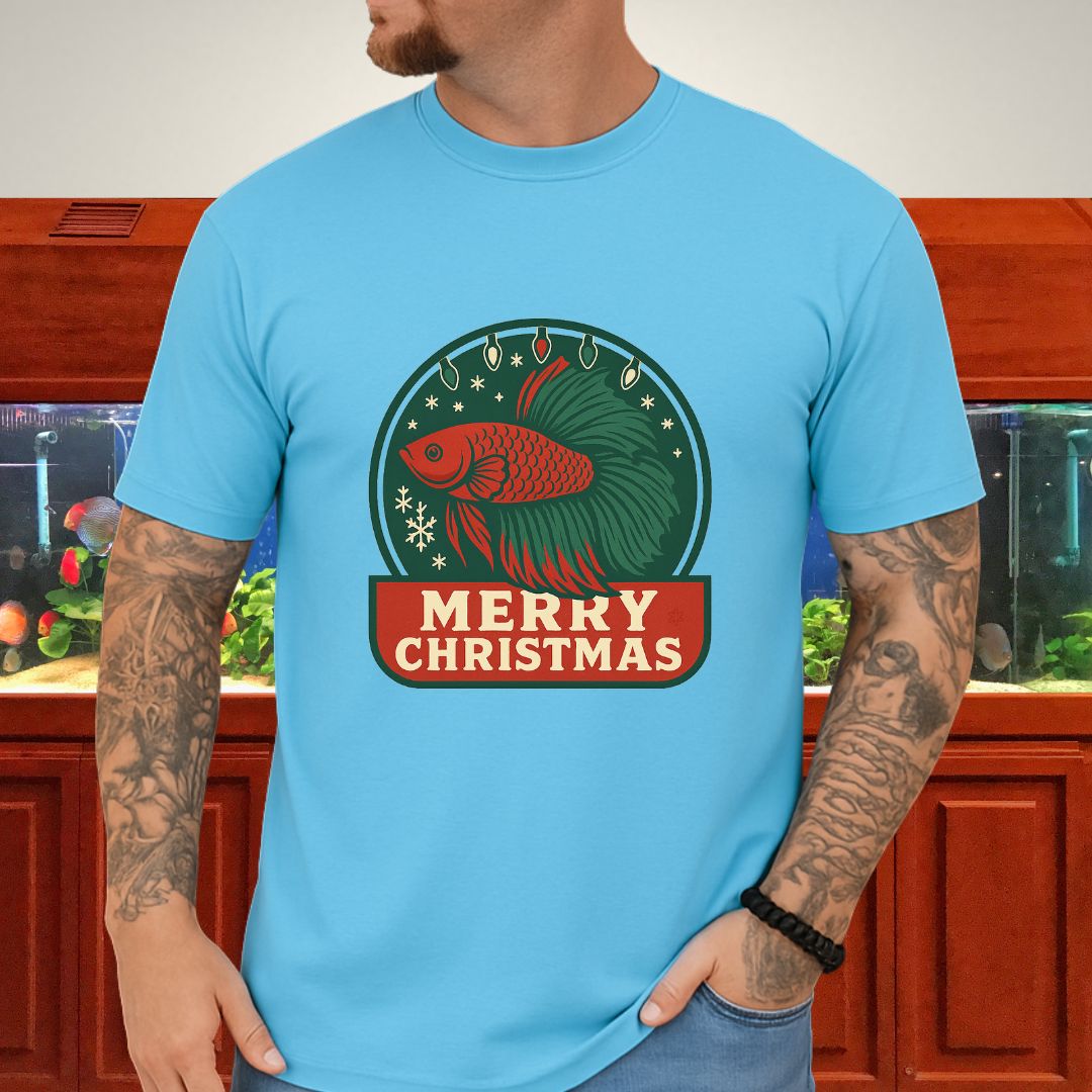 Retro Holiday Betta Fish Emblem Tee – Christmas Lights & Snowflakes-T-Shirt-Fish &amp; Friends Tees