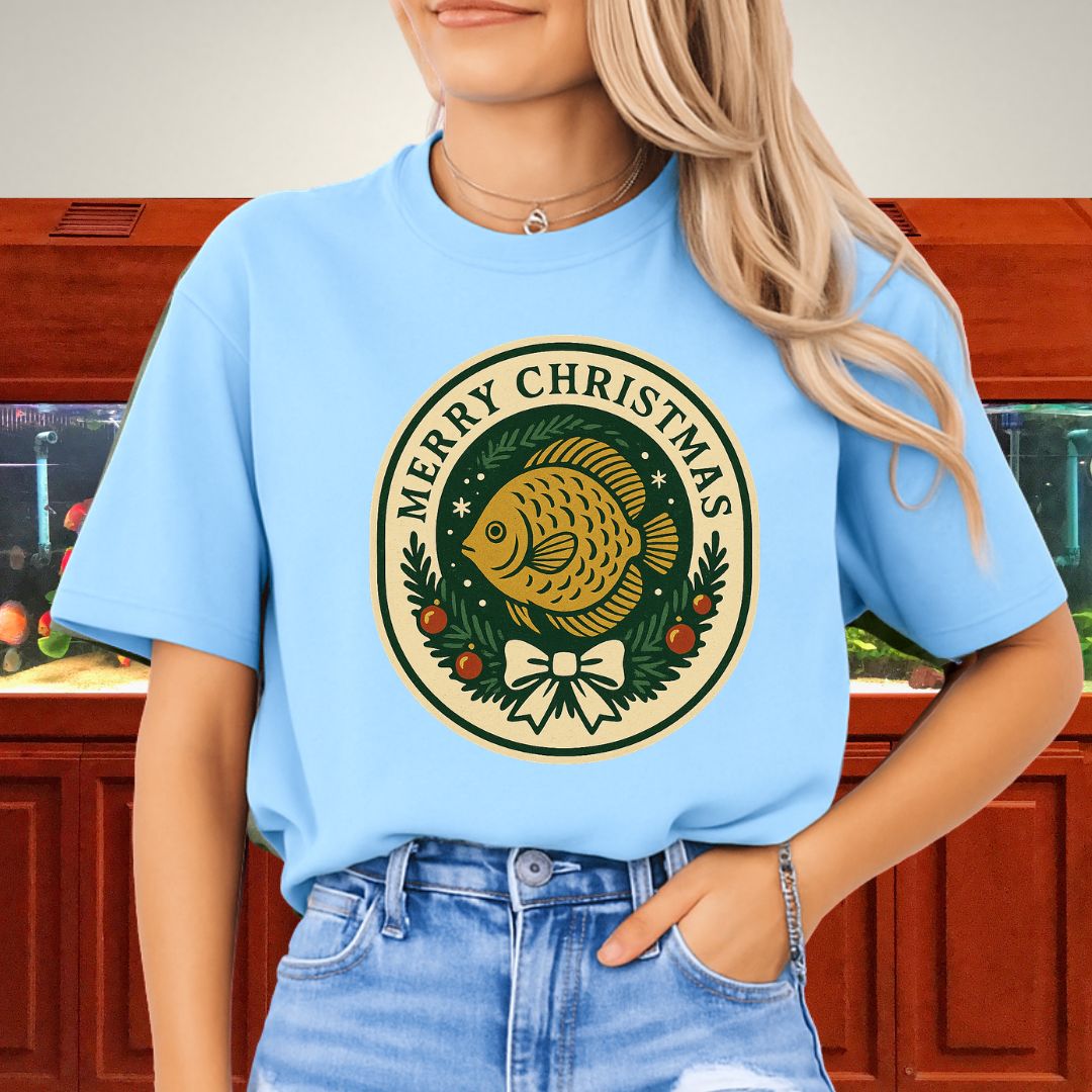 Retro Christmas Discus Wreath Tee – Vintage Holiday Emblem Design-T-Shirt-Fish &amp; Friends Tees