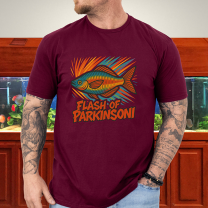 Flash of Parkinsoni T-Shirt – Rainbowfish Explosion Graffiti Design for Tropical Aquarium Fans