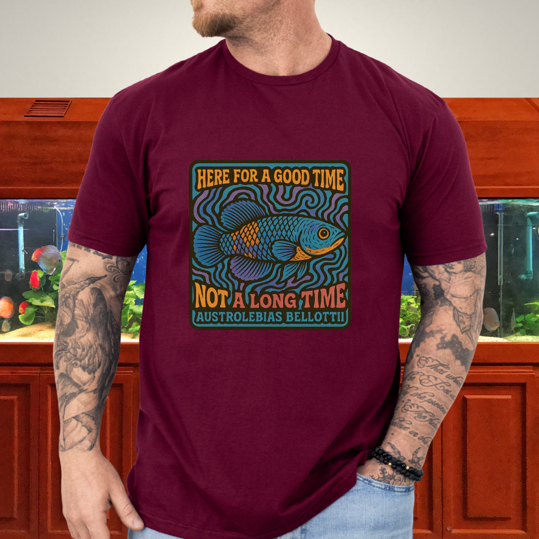 Here for a Good Time Tee – Psychedelic Bellottii Killifish