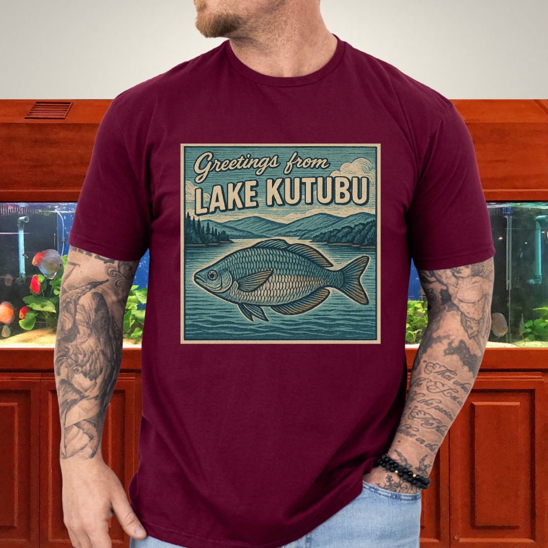 Greetings from Lake Kutubu Tee – Rainbowfish Woodcut Art