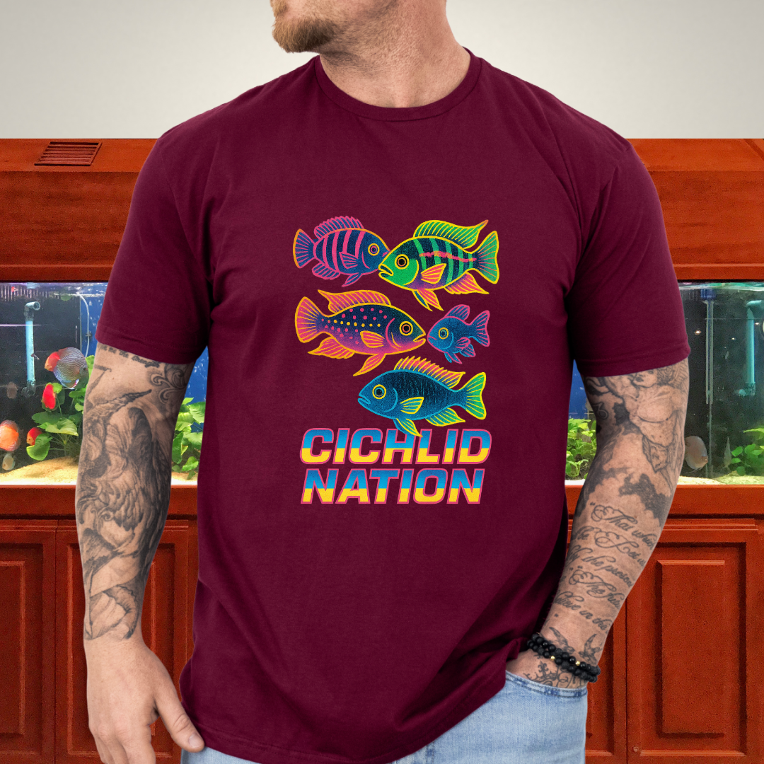 Cichlid Nation Tee – Neon 90s Arcade Aquarium Design