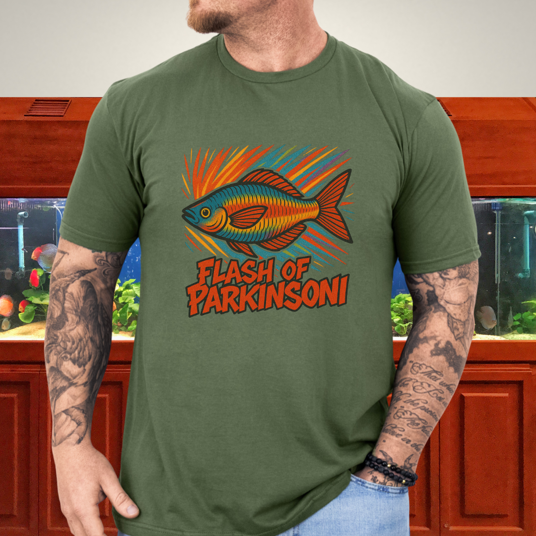 Flash of Parkinsoni T-Shirt – Rainbowfish Explosion Graffiti Design for Tropical Aquarium Fans