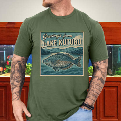 Greetings from Lake Kutubu Tee – Rainbowfish Woodcut Art