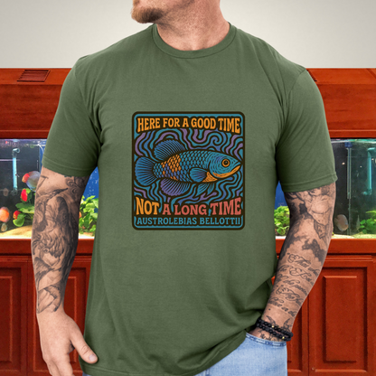 Here for a Good Time Tee – Psychedelic Bellottii Killifish