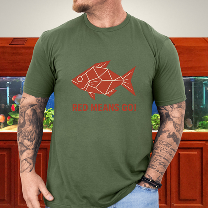 Red Rainbowfish Tee – Geometric “Red Means Go!” Design