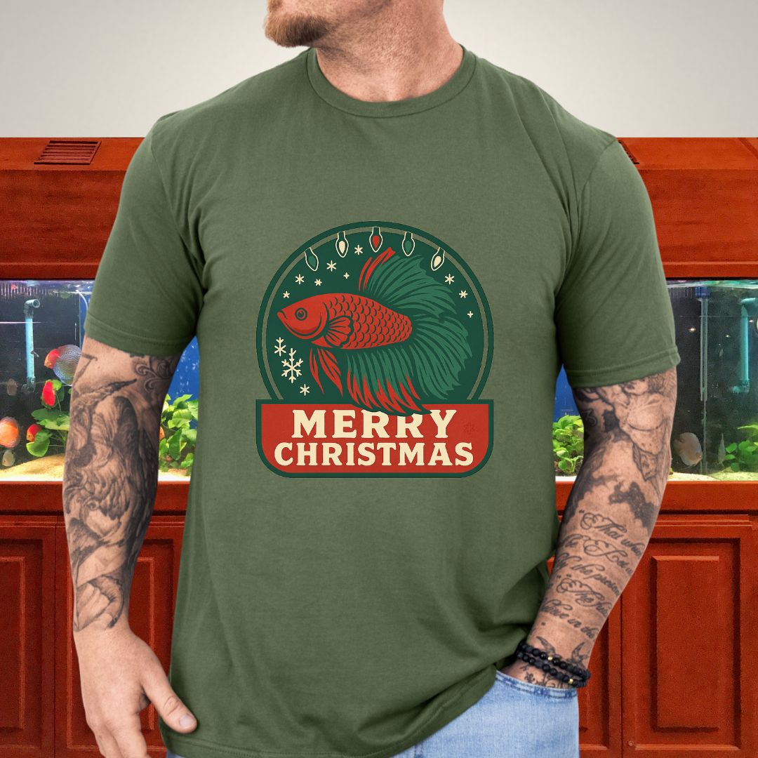 Retro Holiday Betta Fish Emblem Tee – Christmas Lights & Snowflakes-T-Shirt-Fish &amp; Friends Tees
