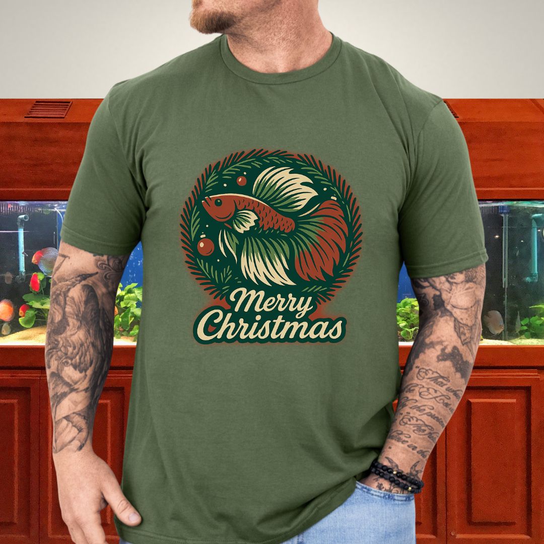 Retro Christmas Betta Fish Tee – Holiday Wreath Postcard Design-T-Shirt-Fish &amp; Friends Tees