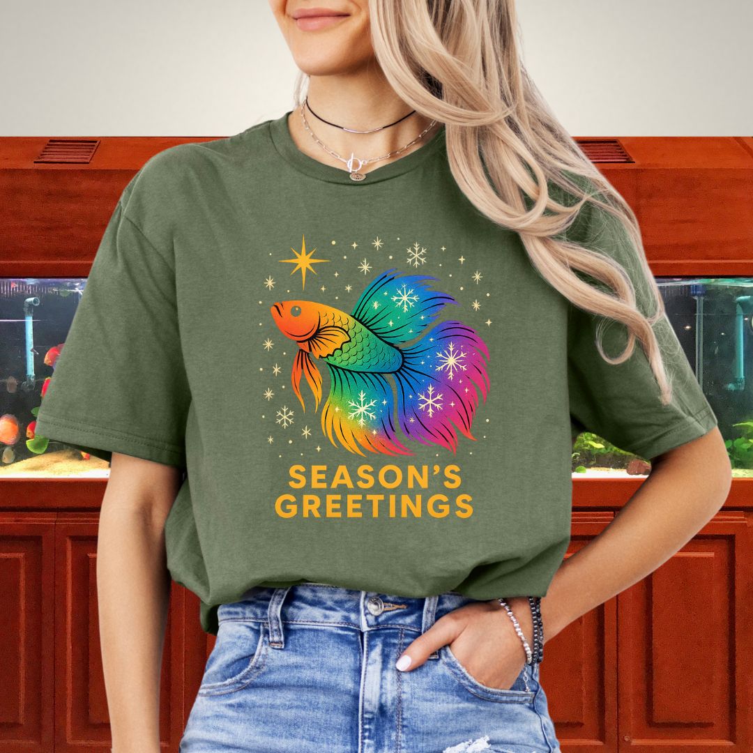 Rainbow Holiday Betta Fish Tee – Festive Star & Snowflake Design-T-Shirt-Fish &amp; Friends Tees