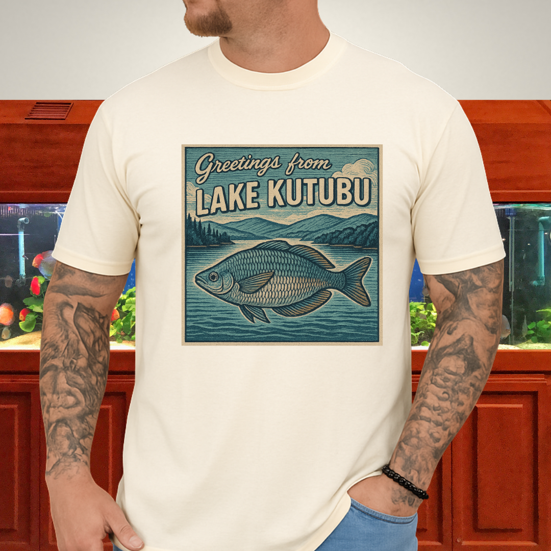 Greetings from Lake Kutubu Tee – Rainbowfish Woodcut Art