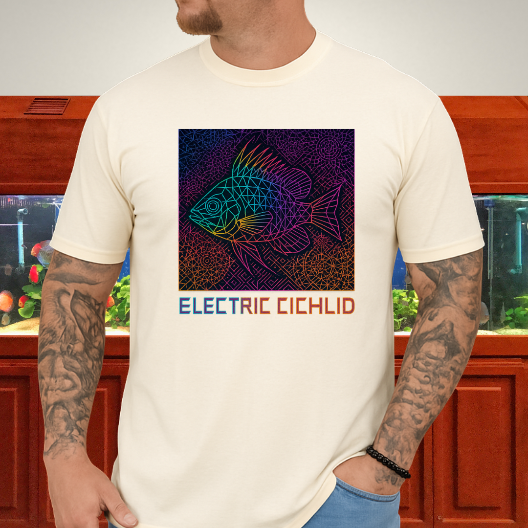 Electric Cichlid Tee – Neon German Blue Ram Geometric Design
