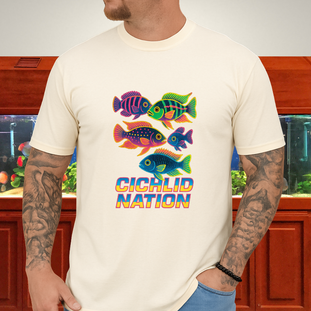 Cichlid Nation Tee – Neon 90s Arcade Aquarium Design