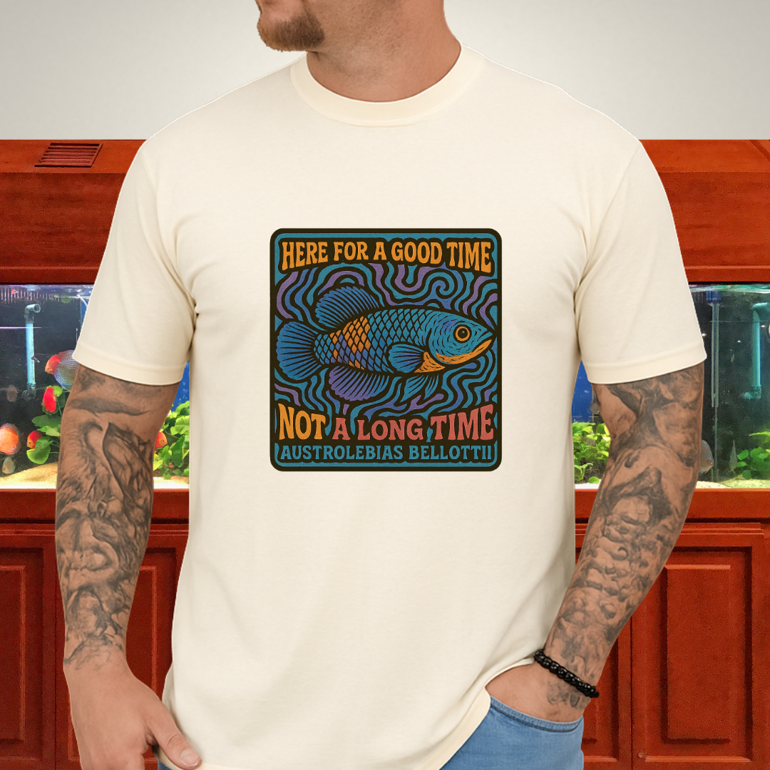 Here for a Good Time Tee – Psychedelic Bellottii Killifish