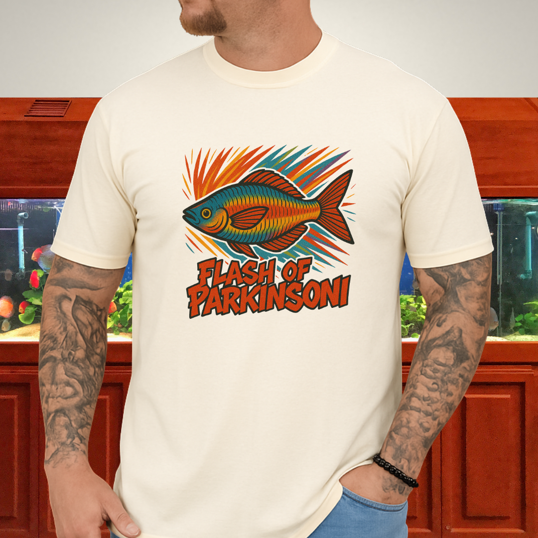 Flash of Parkinsoni T-Shirt – Rainbowfish Explosion Graffiti Design for Tropical Aquarium Fans